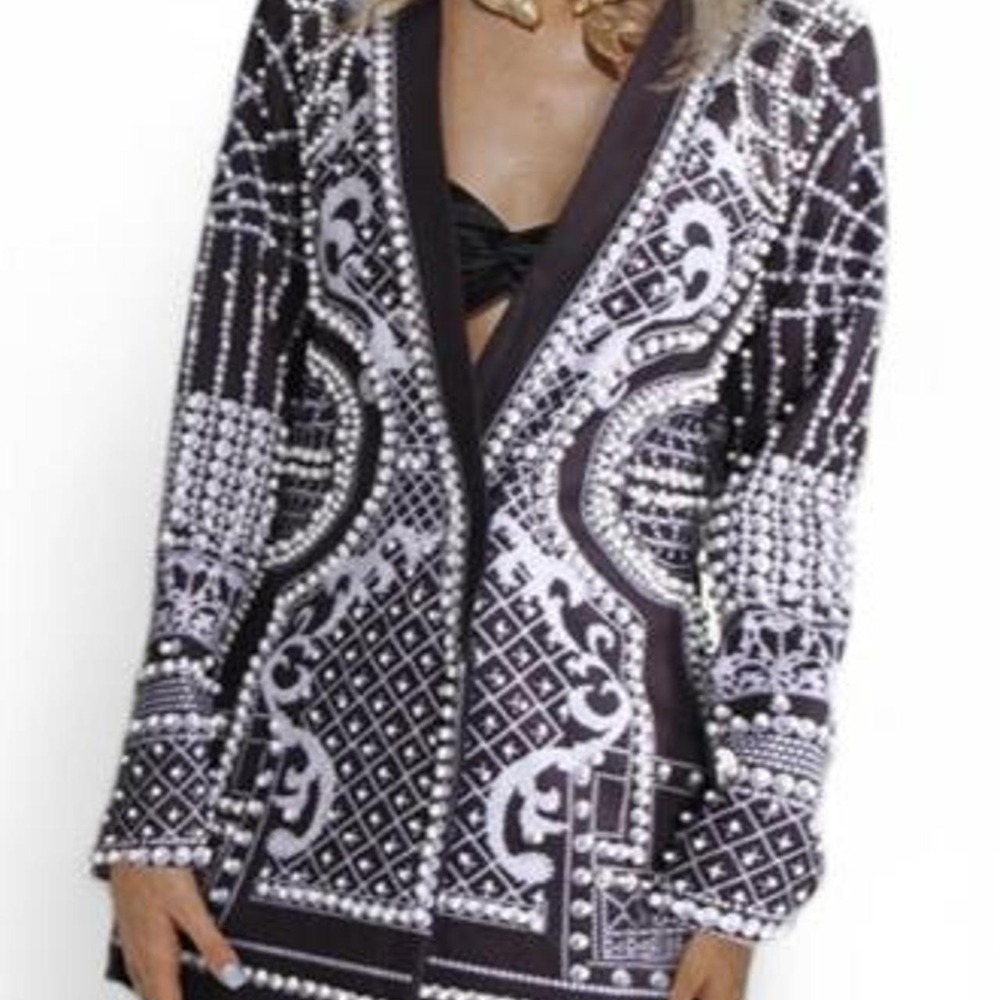 Women's Pearl Rivet Street Style Blazer Long Jacket Pearl Embellished